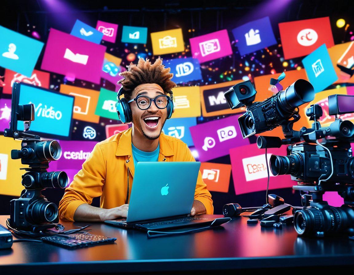 A colorful digital collage showcasing diverse video content: a humorous animated character mid-action, a lively set with cameras and lights, audience laughing, and a tech-savvy creator editing footage on a laptop. Bright and engaging, embodying the essence of video entertainment creativity. vibrant colors. 3D rendering.