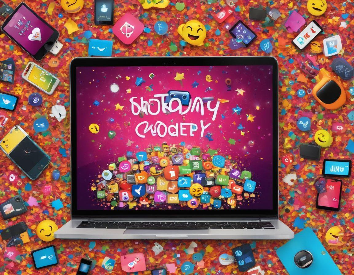 A whimsical collage featuring various digital media icons like smartphones, tablets, and laptops showing viral humor and comedy clips. Include elements like laughing emojis, playful characters, and witty quotes bursting out of screens, all in a vibrant and lively setting. Incorporate a colorful explosion of confetti and stars to emphasize the fun and excitement of digital comedy. cartoon style. vibrant colors. playful atmosphere.