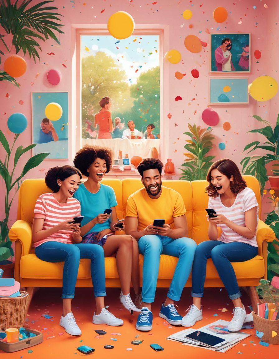 A lively collage of diverse people laughing while watching viral smash videos on their smartphones. Bright, colorful screens display humorous clips bursting with energy and laughter. Include a varied range of characters — a cheerful group of friends in a living room, a family enjoying a picnic, and a person laughing alone on a park bench. Use dynamic and playful elements, like confetti and cartoonish speech bubbles, to emphasize humor. vibrant colors. vector art.